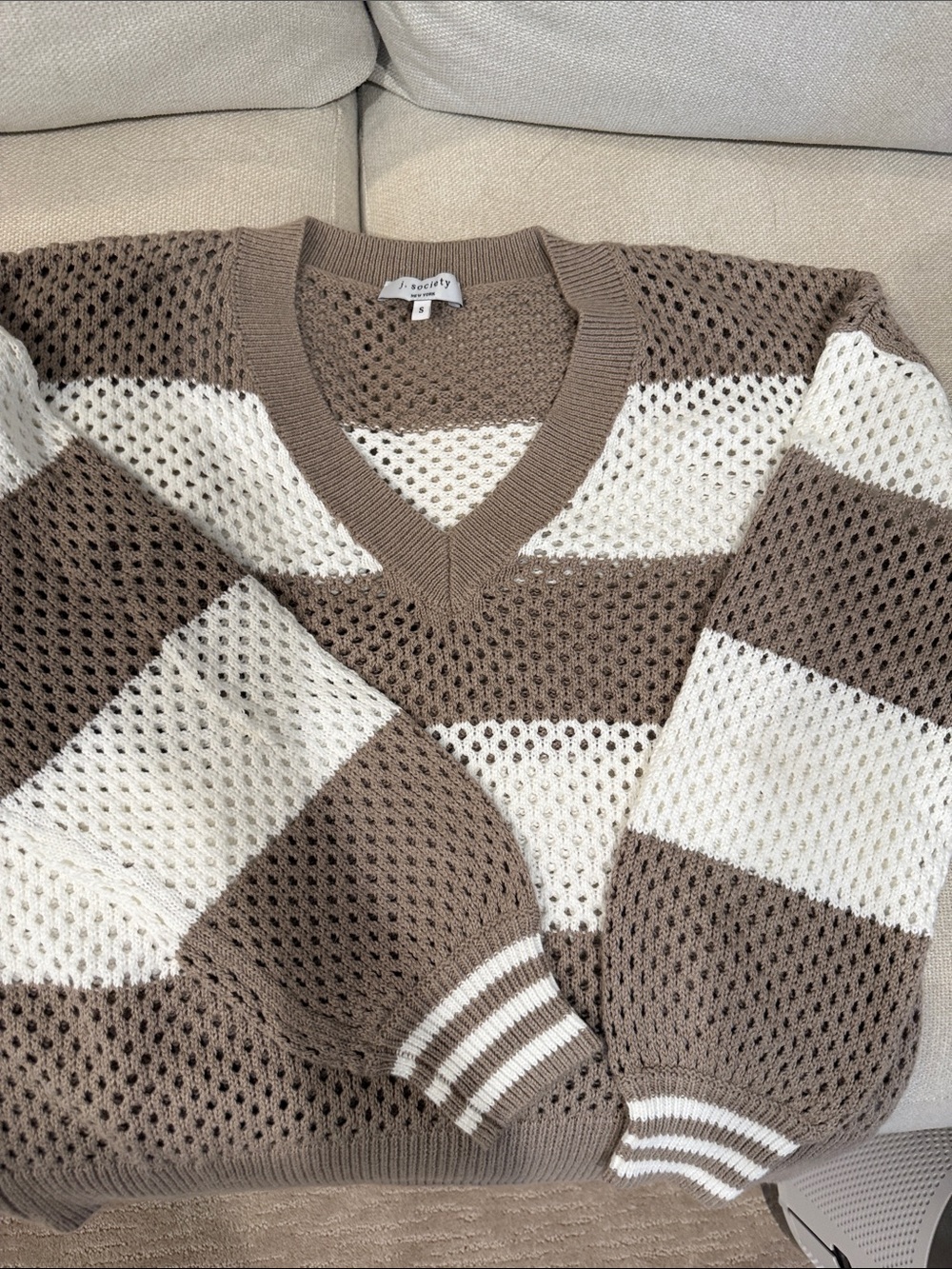 J. Society Taupe and Cream Striped V-Neck Sweater